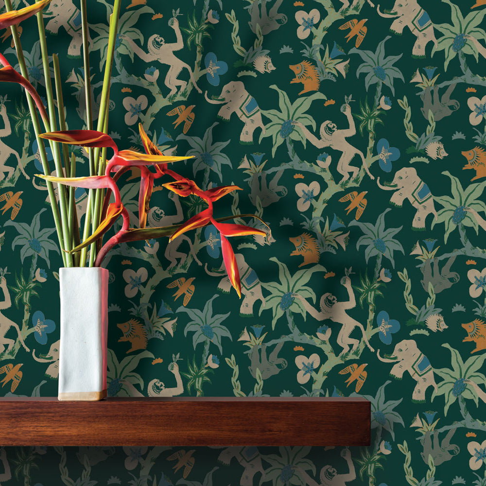 Monkey Business Removable Wallpaper by Novogratz - A wood shelf with a vase on top in a room featuring Monkey Business Peel And Stick Wallpaper by Novogratz in jade parade | Tempaper#color_jade-parade