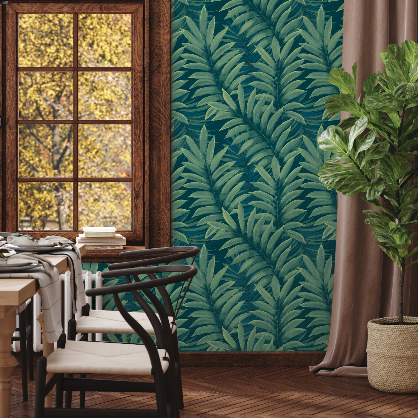 A dining room with a wood table and Tempaper's Palm Leaves Peel And Stick Wall Murals.