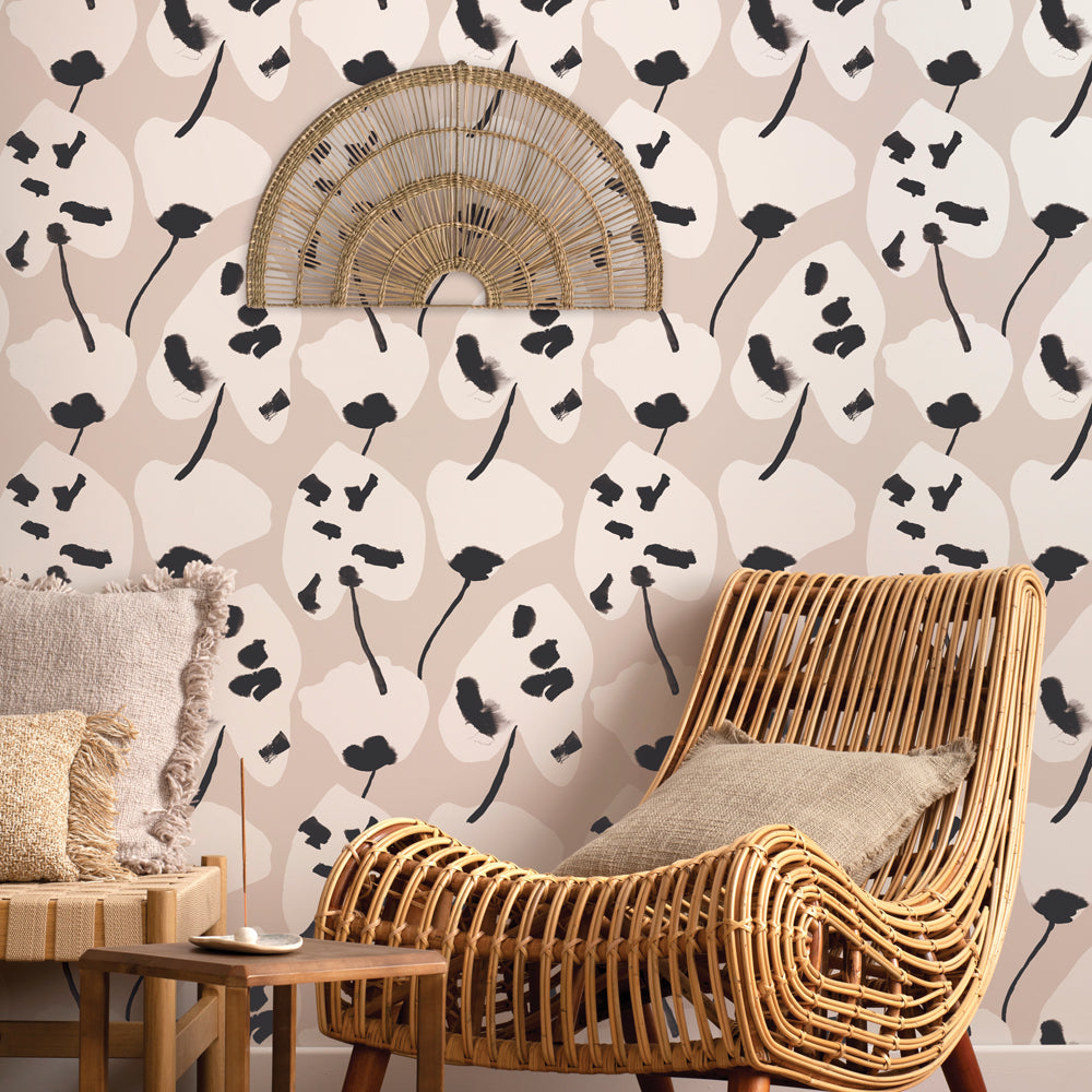 Painted Palm Removable Wallpaper - A wood chair and small table in front of a wall featuring Painted Palm Peel And Stick Wallpaper in cocoa chic | Tempaper#color_cocoa-chic