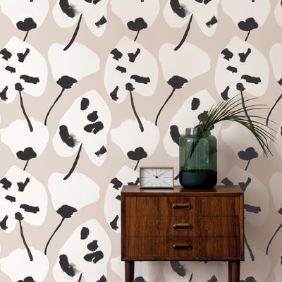 Painted Palm Removable Wallpaper - A wood dresser with a vase on top in front of a wall featuring Painted Palm Peel And Stick Wallpaper in cocoa chic | Tempaper#color_cocoa-chic