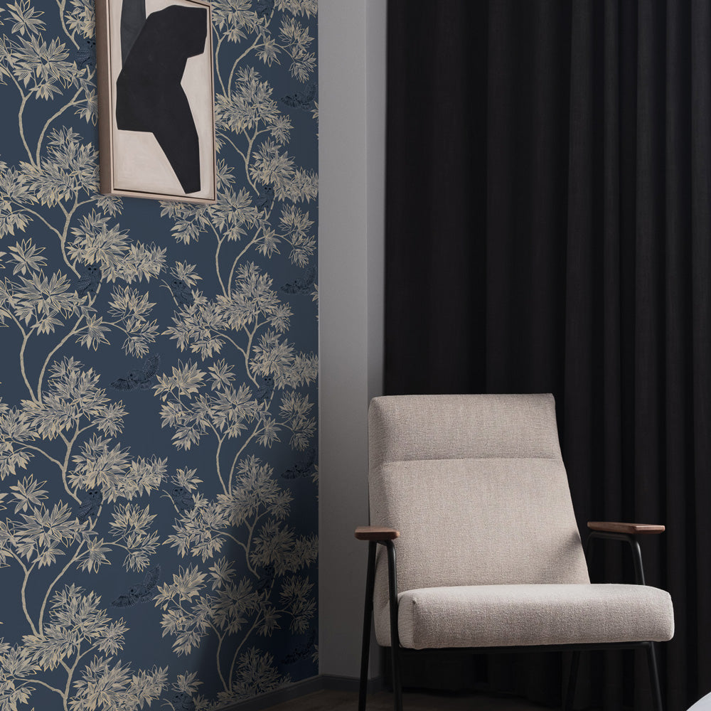 Parliament Non-Pasted Wallpaper - A grey chair and black curtain with Parliament Unpasted Wallpaper in indigo navy | Tempaper#color_indigo-navy