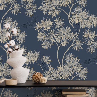 Parliament Non-Pasted Wallpaper - A black shelf with a plant, featuring Parliament Unpasted Wallpaper in indigo navy | Tempaper#color_indigo-navy