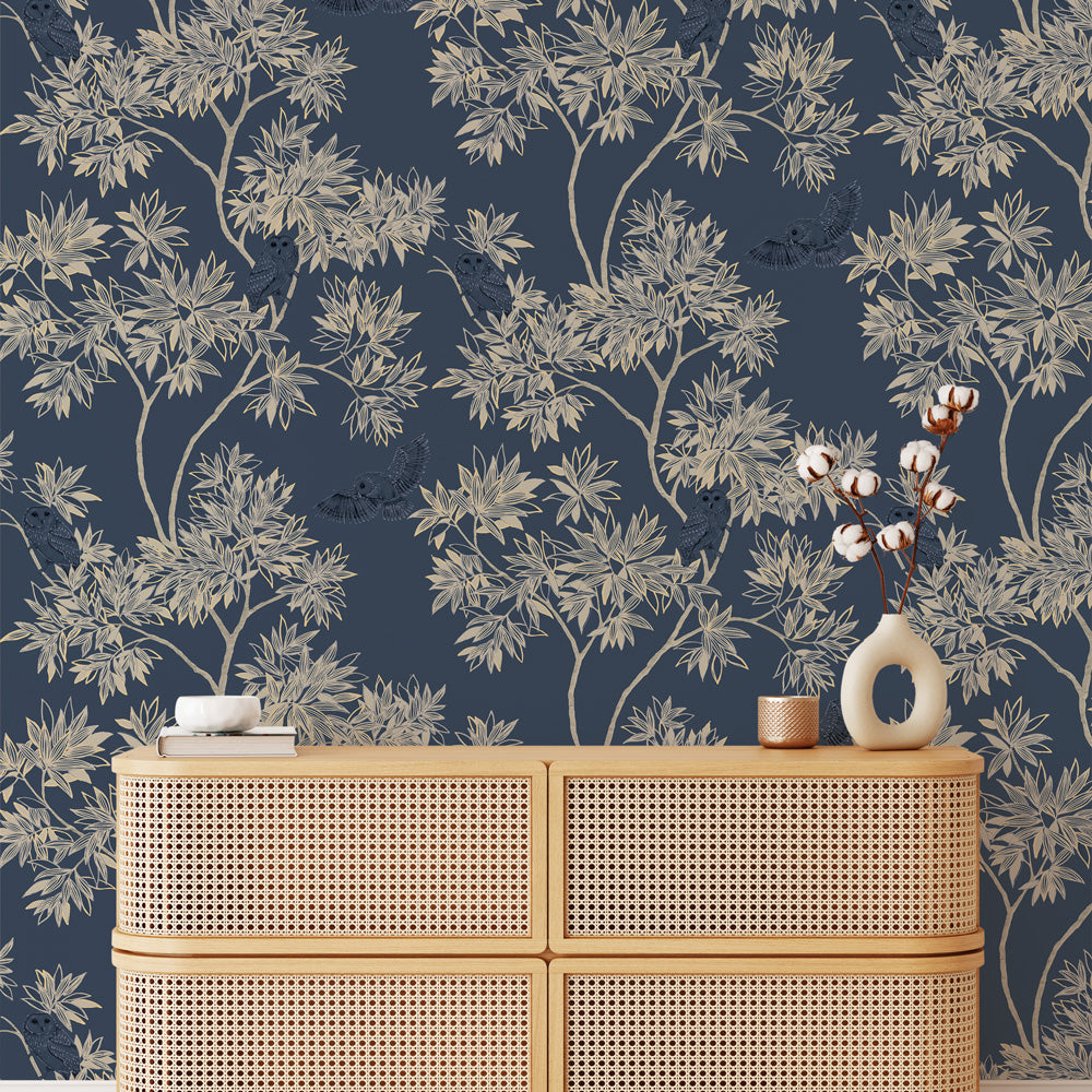 Parliament Non-Pasted Wallpaper - A tan dresser and a plant with Parliament Unpasted Wallpaper in indigo navy | Tempaper#color_indigo-navy