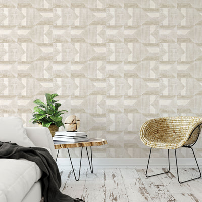 Quilted Patchwork peel and stick wallpaper in a bedroom.