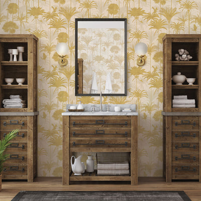 A bathroom with a dark wood vanity and Tempaper's Royal Palm Peel And Stick Wallpaper.