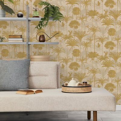 Tempaper's Royal Palm Removable Wallpaper behind a brown couch and grey pillow.