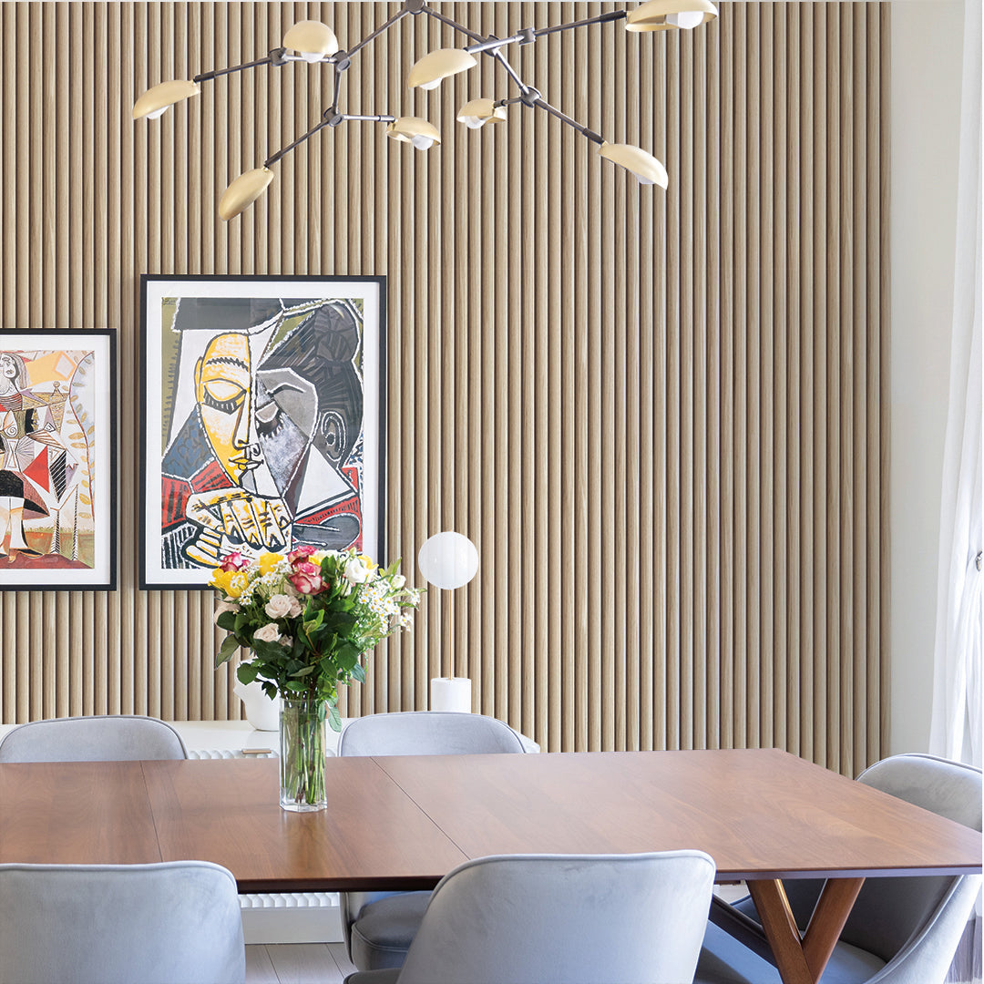 Reeded Wood peel and stick wallpaper in a dining room.