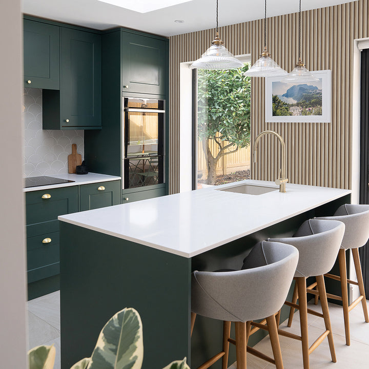 Reeded Wood peel and stick wallpaper in a kitchen.