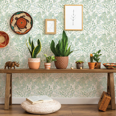 Stencil Foliage Non-Pasted Wallpaper - A wood bench with plants in front of Stencil Foliage Unpasted Wallpaper in eucalyptus | Tempaper#color_eucalyptus