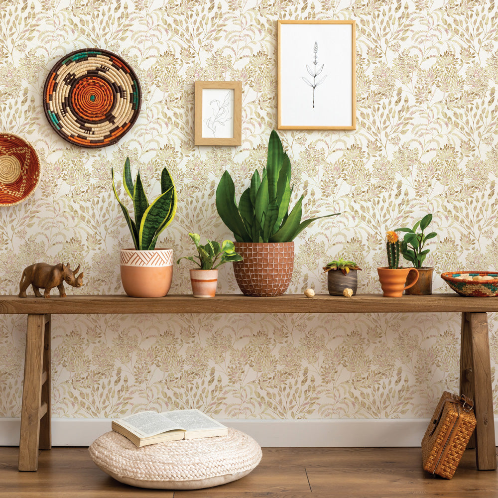 Stencil Foliage Non-Pasted Wallpaper - A wood bench with plants in front of Stencil Foliage Unpasted Wallpaper in golden wheat | Tempaper#color_golden-wheat