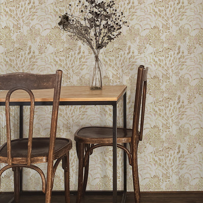Stencil Foliage Non-Pasted Wallpaper - A wood table and chairs with Stencil Foliage Unpasted Wallpaper in golden wheat | Tempaper#color_golden-wheat