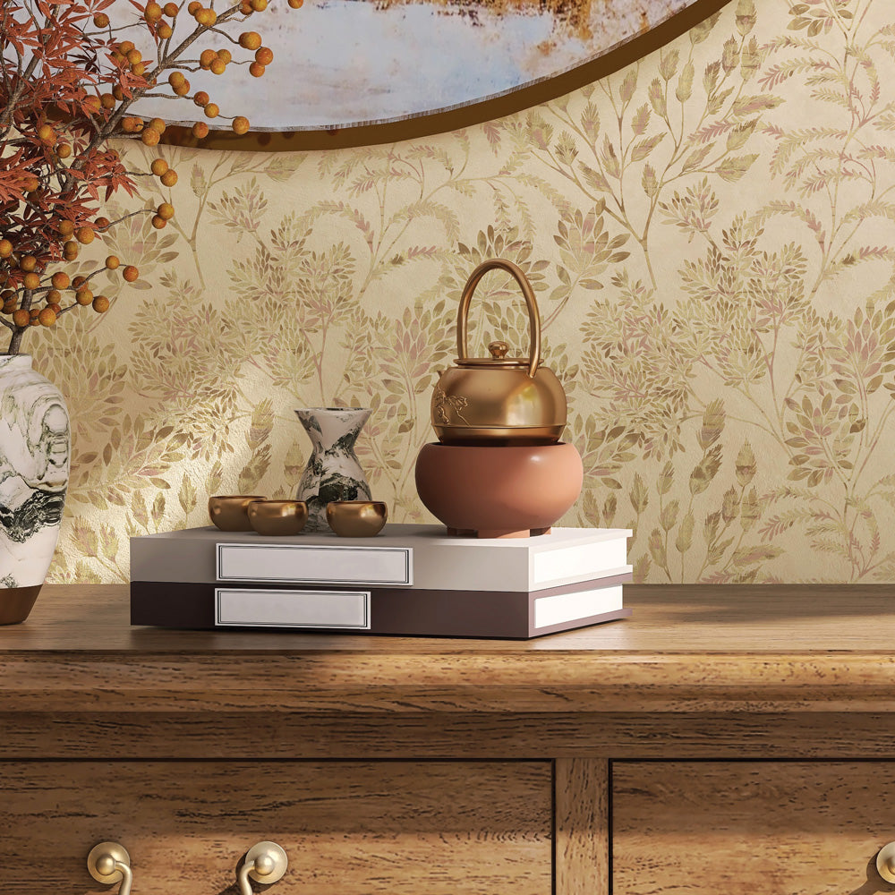 Stencil Foliage Non-Pasted Wallpaper - A wood dresser with books featuring Stencil Foliage Unpasted Wallpaper in golden wheat | Tempaper#color_golden-wheat