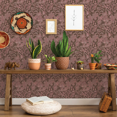 Stencil Foliage Non-Pasted Wallpaper - A wood bench with plants in front of Stencil Foliage Unpasted Wallpaper in mulberry | Tempaper#color_mulberry