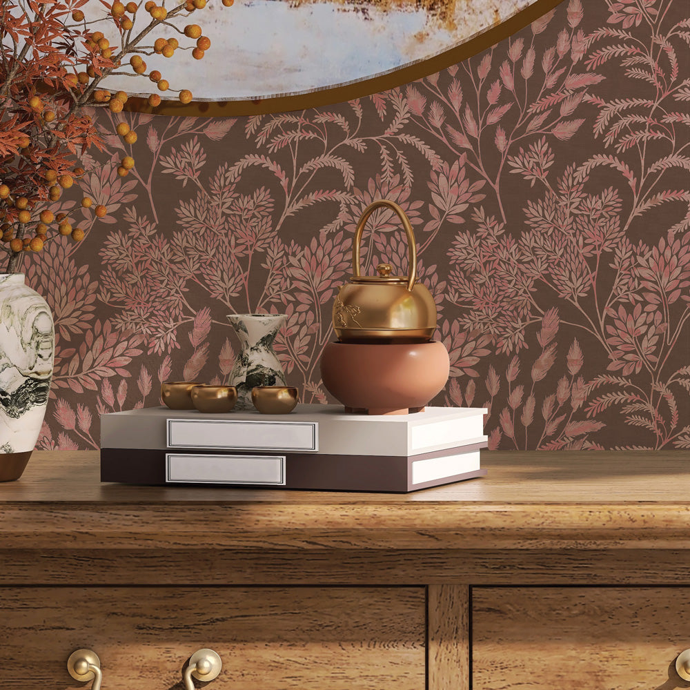 Stencil Foliage Non-Pasted Wallpaper - A wood dresser with books featuring Stencil Foliage Unpasted Wallpaper in mulberry | Tempaper#color_mulberry