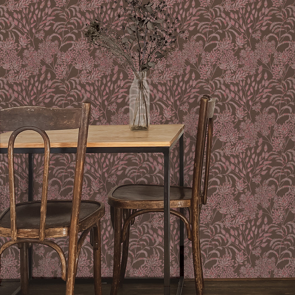 Stencil Foliage Non-Pasted Wallpaper - A wood table and chairs with Stencil Foliage Unpasted Wallpaper in mulberry | Tempaper#color_mulberry