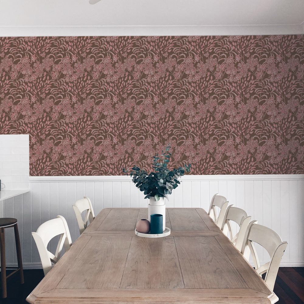 Stencil Foliage Non-Pasted Wallpaper - A wood table and chairs with Stencil Foliage Unpasted Wallpaper in mulberry | Tempaper#color_mulberry