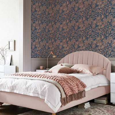 Stencil Foliage Non-Pasted Wallpaper - A bedroom featuring Stencil Foliage Unpasted Wallpaper in navy and mauve | Tempaper#color_navy-and-mauve
