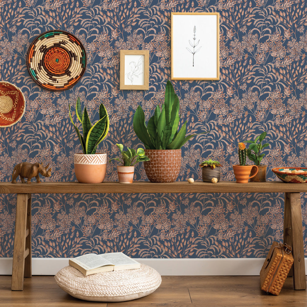 Stencil Foliage Non-Pasted Wallpaper - A wood bench with plants in front of Stencil Foliage Unpasted Wallpaper in navy and mauve | Tempaper#color_navy-and-mauve