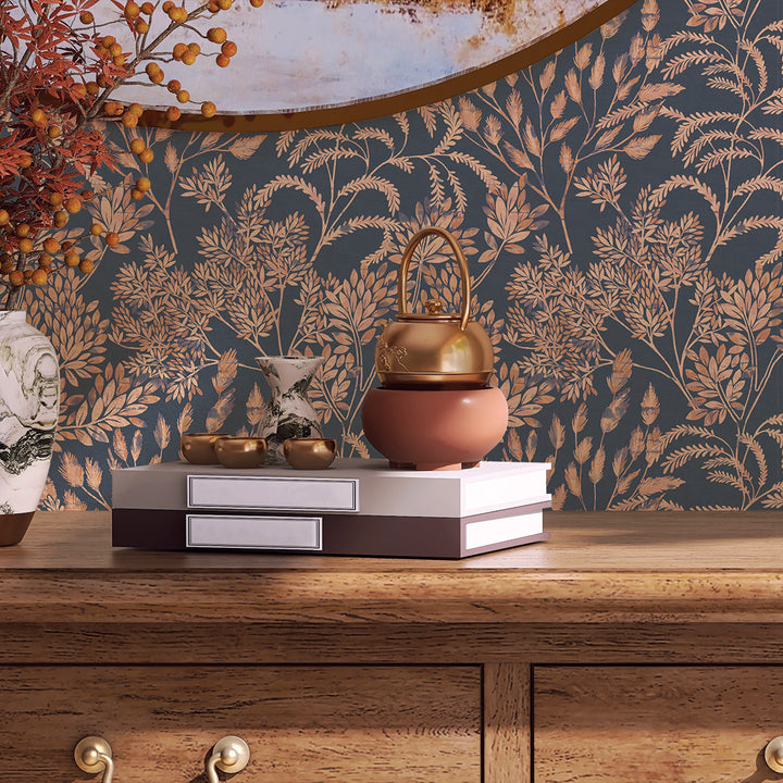 Stencil Foliage Non-Pasted Wallpaper - A wood dresser with books featuring Stencil Foliage Unpasted Wallpaper in navy and mauve | Tempaper#color_navy-and-mauve