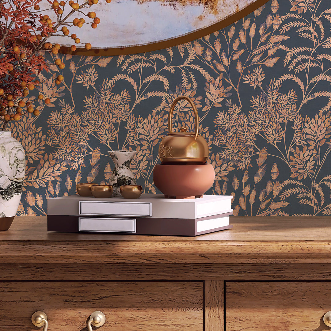 Stencil Foliage Non-Pasted Wallpaper - A wood dresser with books featuring Stencil Foliage Unpasted Wallpaper in navy and mauve | Tempaper#color_navy-and-mauve