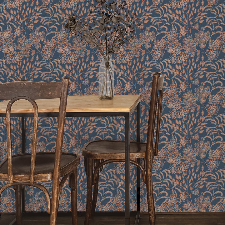 Stencil Foliage Non-Pasted Wallpaper - A wood table and chairs with Stencil Foliage Unpasted Wallpaper in navy and mauve | Tempaper#color_navy-and-mauve