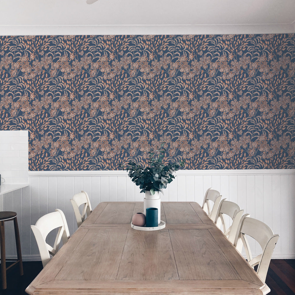 Stencil Foliage Non-Pasted Wallpaper - A wood table and chairs with Stencil Foliage Unpasted Wallpaper in navy and mauve | Tempaper#color_navy-and-mauve
