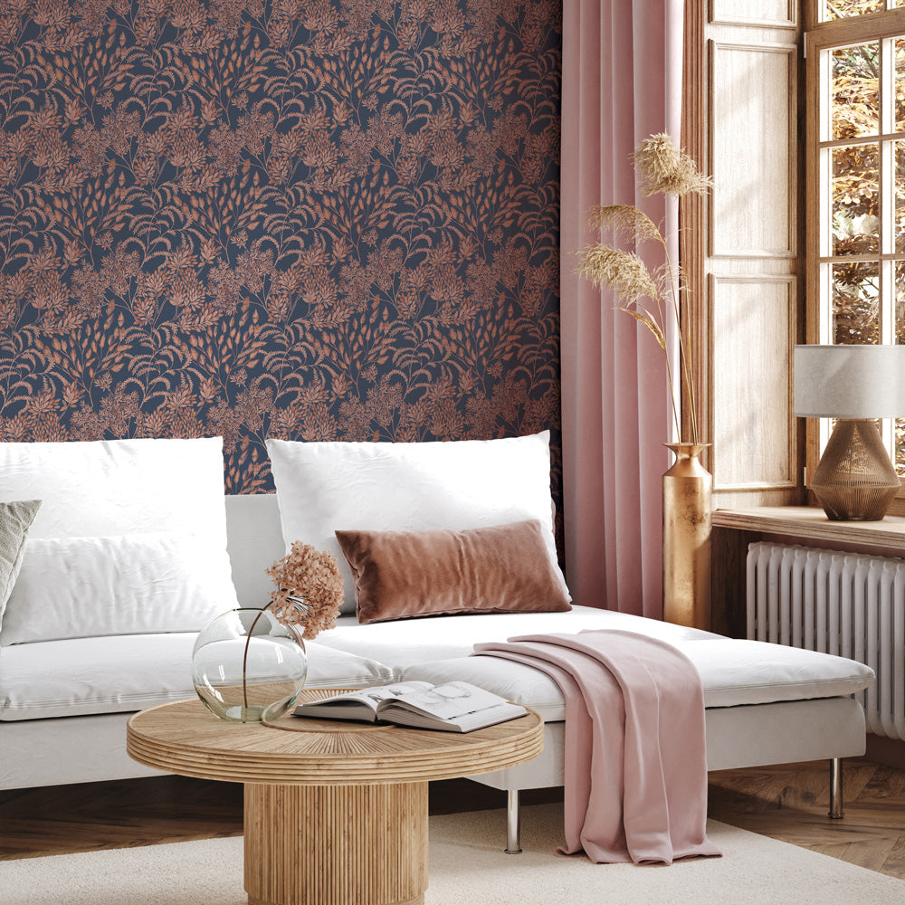 Stencil Foliage Non-Pasted Wallpaper - A white couch in a living room with Stencil Foliage Unpasted Wallpaper in navy and mauve | Tempaper#color_navy-and-mauve