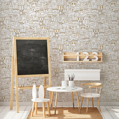 Amalfi WALLPAPER in metallic gold in a playroom with a chalkboard easel.