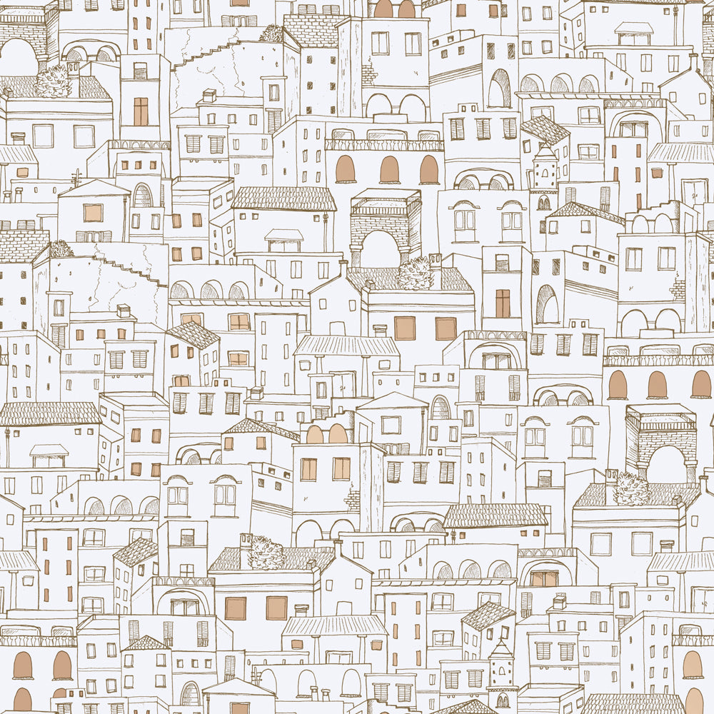 An up-close swatch of Amalfi WALLPAPER in a metallic gold and white color combination.