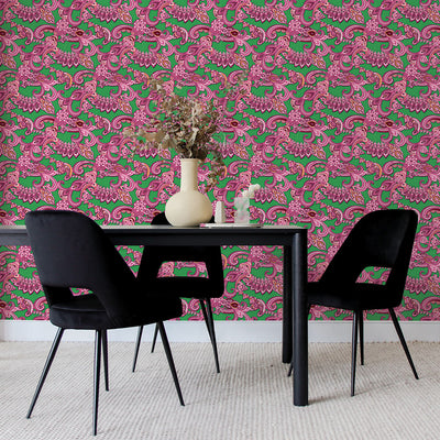 Tempaper's Full Look Peel And Stick Wallpaper By Alice + Olivia shown behind a table and chairs.