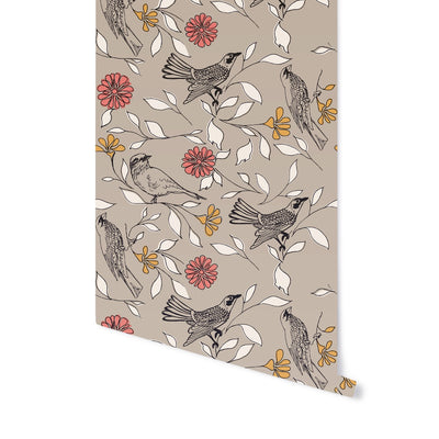 Roll of Birds WALLPAPER unraveling in front of a plain white background.