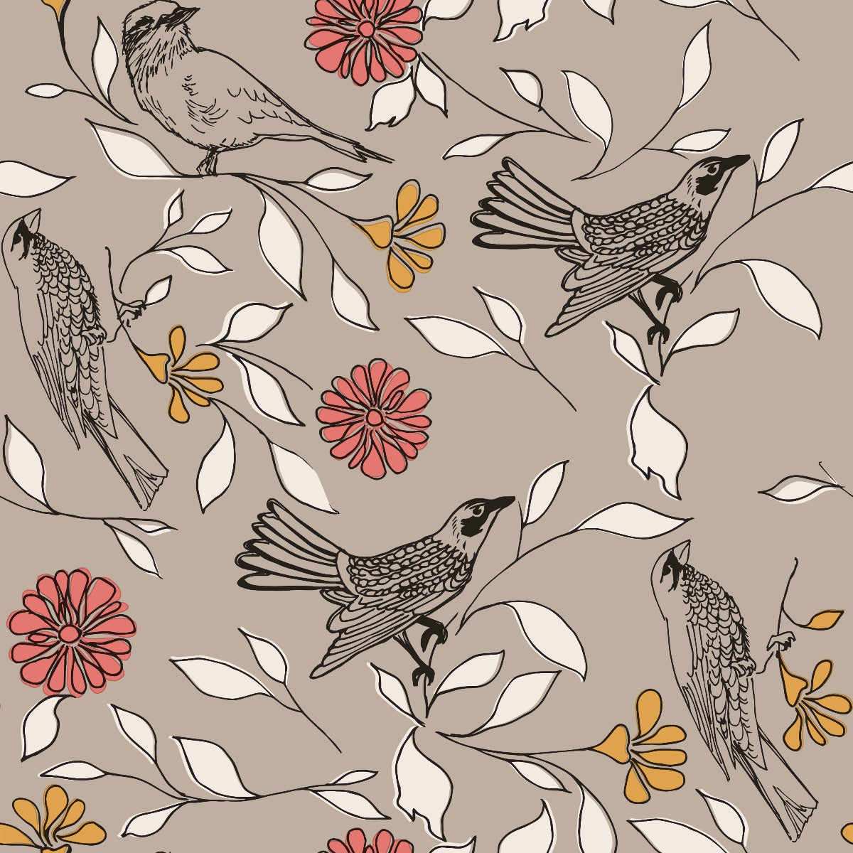 Up-close swatch of Birds WALLPAPER Tempaper in a griege colorway.