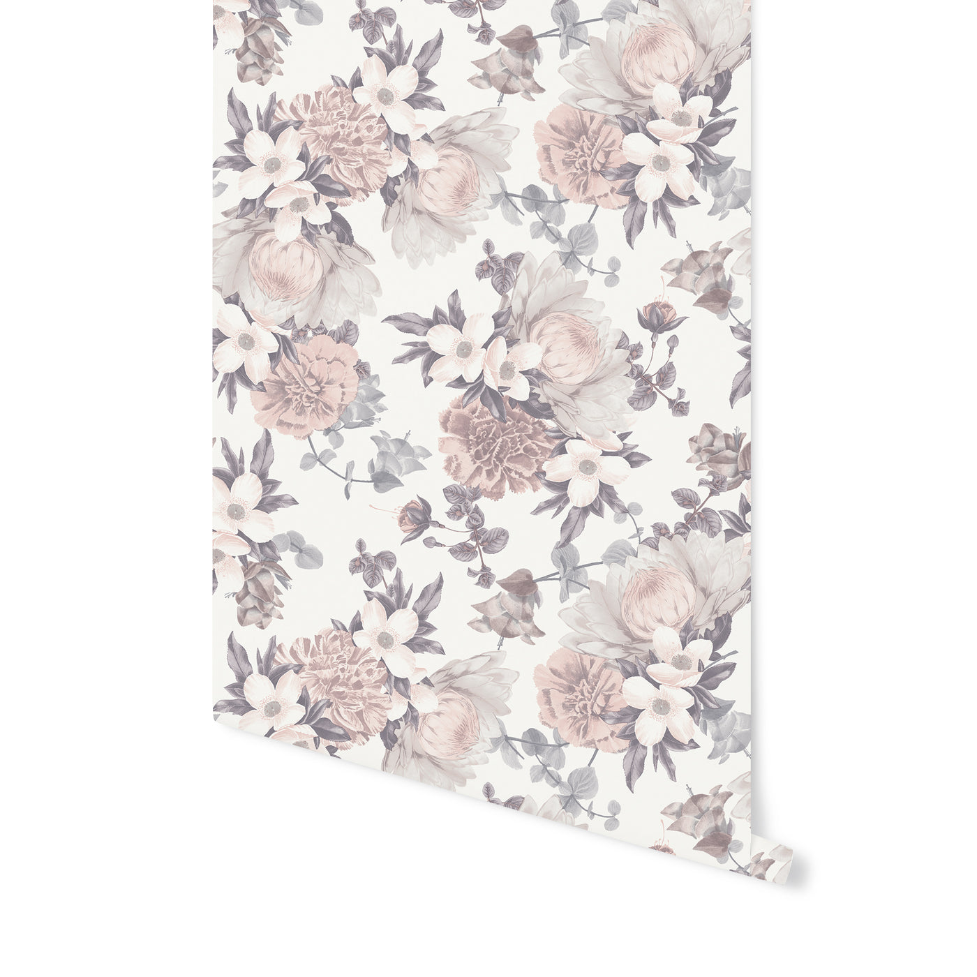 A slightly unraveled roll of Botanical WALLPAPER in mauve pink hanging on a white wall.