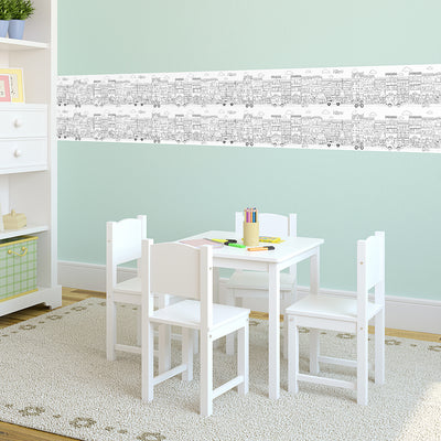 Tempaper's City Border Peel And Stick Wallpaper shown behind a table and chairs.