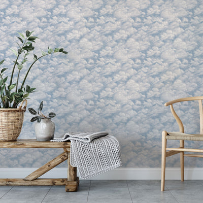 Tempaper's Clouds Peel And Stick Wall Mural in light blue shown behind a plant and chair.