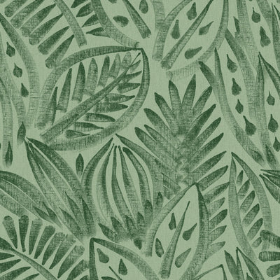 Tempaper's green grove Canvas Palm peel and stick wallpaper with green hand brushed leaves.