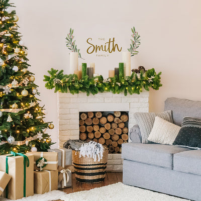 An up close view of Tempaper's Custom Family Name Wall Decal with "The Smith Family" as an example shown above a fireplace.