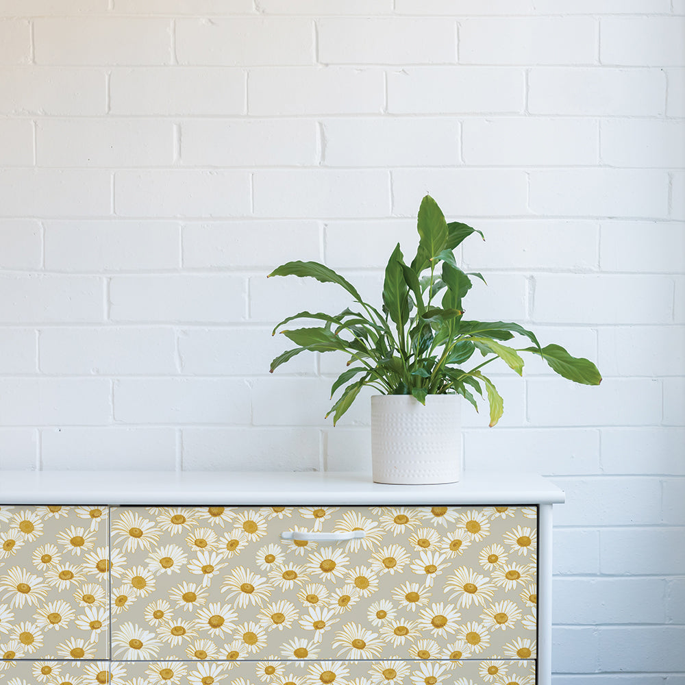 Tempaper's Daisies Peel And Stick Wallpaper By Novogratz shown on the drawers of a dresser.