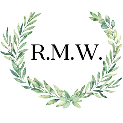 Tempaper's Custom Initials Wall Decal Set in black with "R.M.W." as an example surrounded by an Athena leaf.#color_black