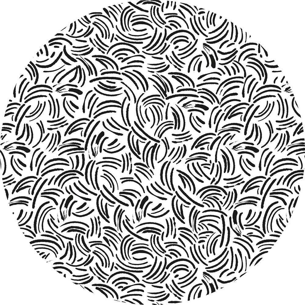 Round Abstract Lines Vinyl Rug in black and white.