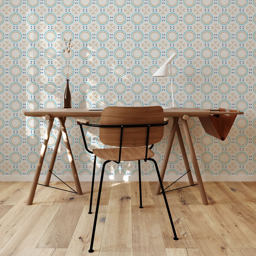 Breeze Tile peel and stick wallpaper displayed behind a wooden desk and chair.