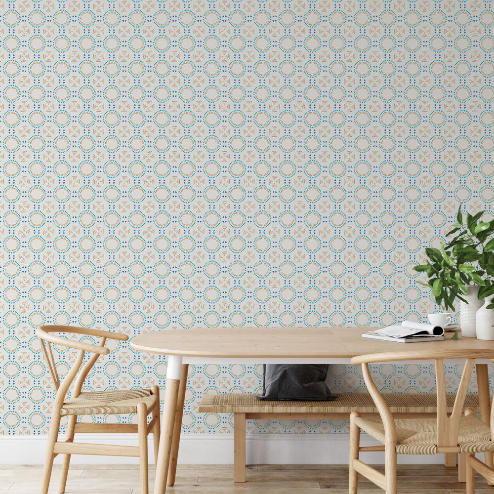 Breeze Tile peel and stick wallpaper in a dining room displayed next to a wooden dining room table and chairs.