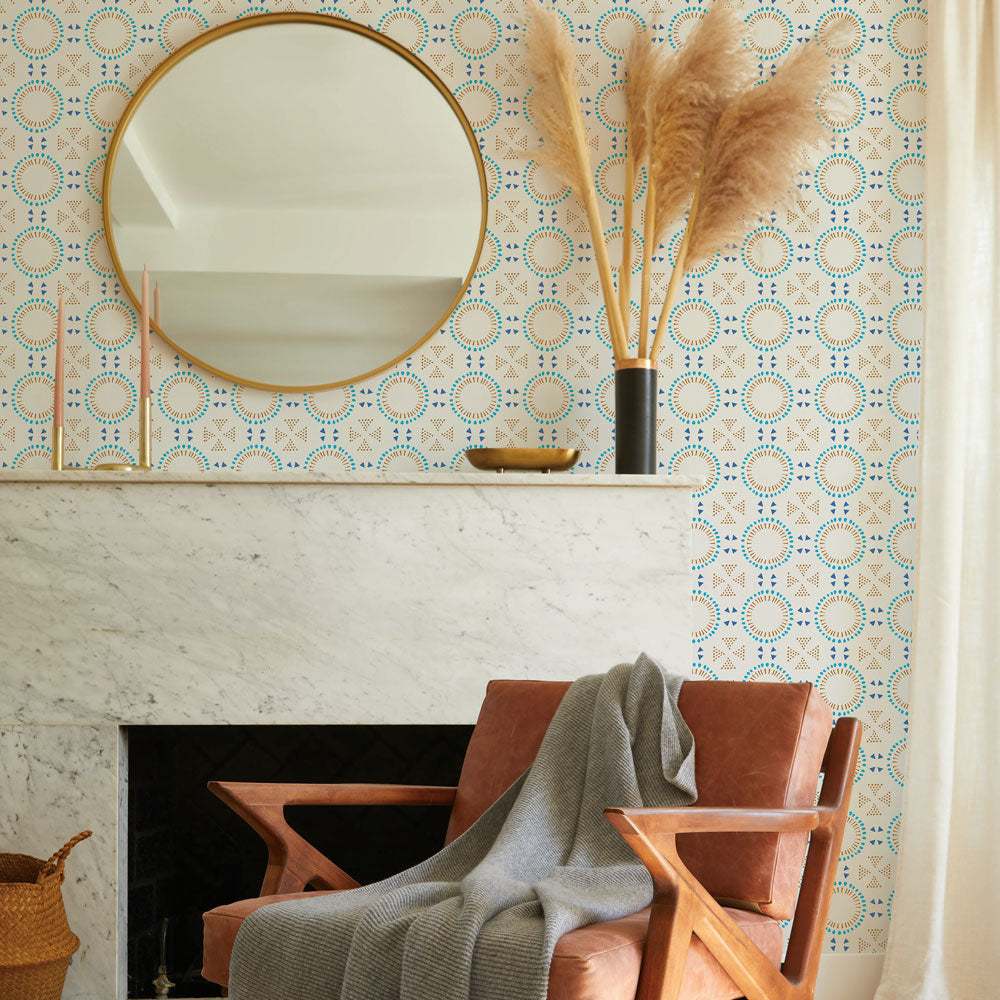 Breeze Tile peel and stick wallpaper in a living room displayed behind a fireplace mantel.