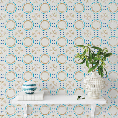 Breeze Tile peel and stick wallpaper displayed on an accent wall behind two vases on a white shelf.
