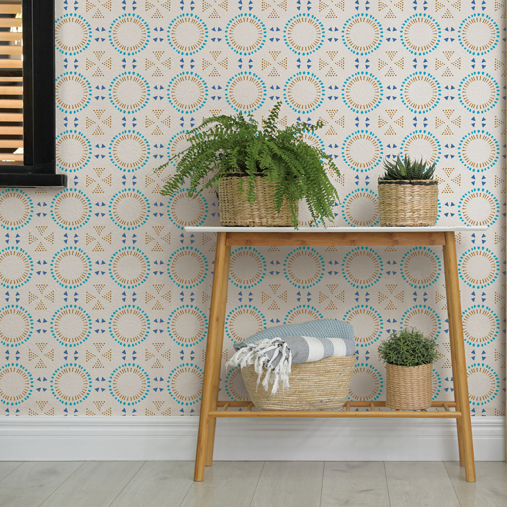 Breeze Tile peel and stick wallpaper displayed in an entryway behind a console table.