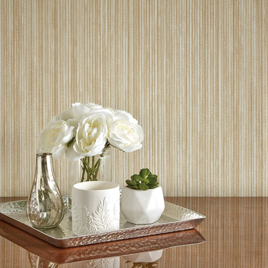 Faux Grasscloth Removable Wallpaper - A serving tray with white flowers on a table in a room featuring Faux Grasscloth Peel And Stick Wallpaper in textured sand | Tempaper#color_textured-sand