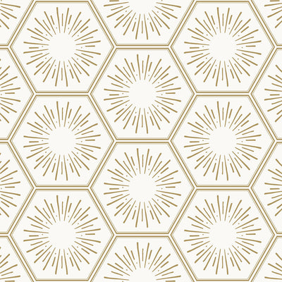 Repeating gold hexagons filled with sunbursts — a sample of Tempaper's sunset gold Hello Sunshine peel and stick wallpaper. #color_sunset-gold