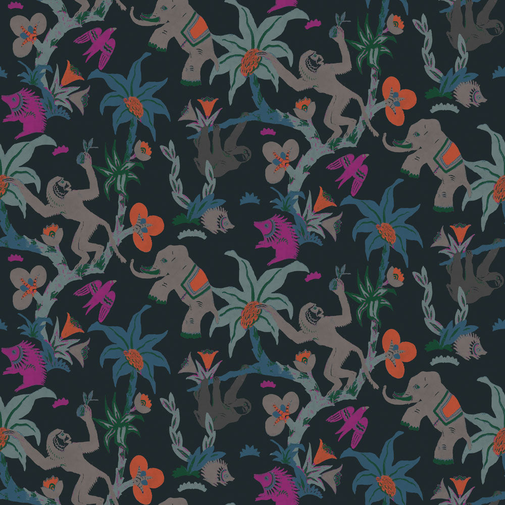 A square of Tempaper's passion fruit monkey business removable wallpaper with monkeys, elephants, and fushia and orange flowers. #color_passion-fruit