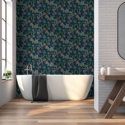 A bathroom with a large soaking tub next to a large window with the back wall accented using Tempaper's passion fruit Monkey Business removable wallpaper | Tempaper#color_passion-fruit
