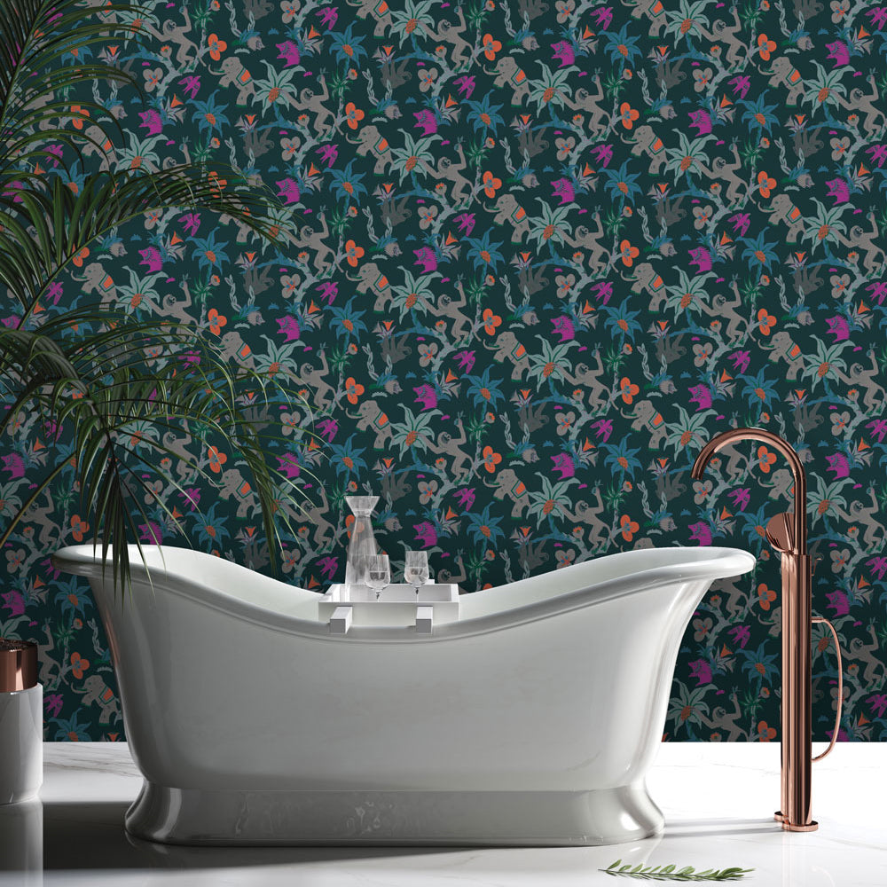 Monkey Business Removable Wallpaper By Novogratz - A white tub and copper faucet in a bathroom featuring Monkey Business Peel And Stick Wallpaper By Novogratz in passion fruit | Tempaper#color_passion-fruit